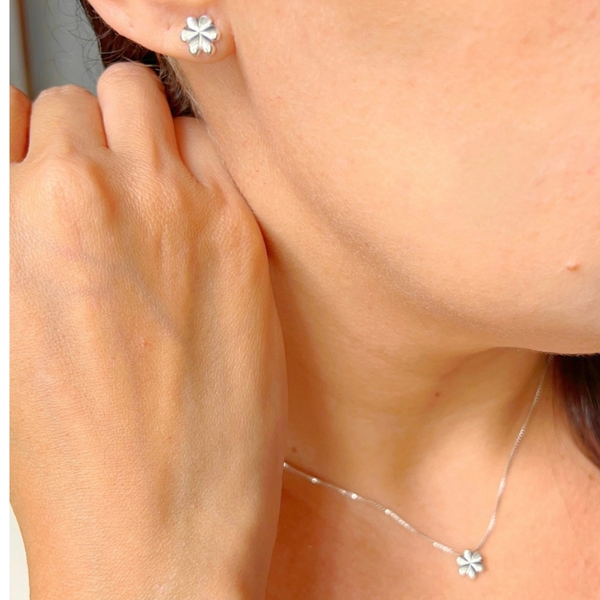 Conjunto Colar e Brinco Flor em Prata 925