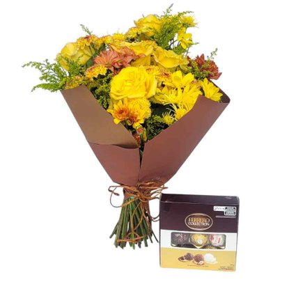 Buquê de Rosas e Flores Amarelas Com Chocolate