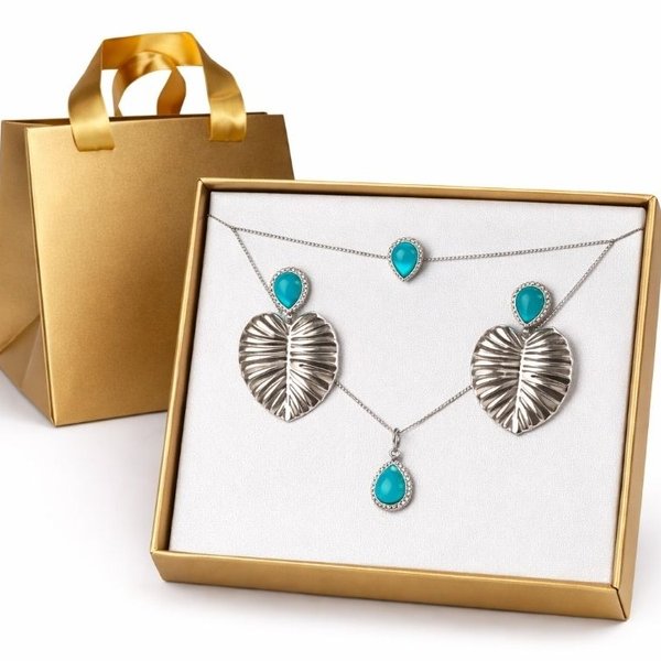 Conjunto Turquesa Ródio Branco Colar Brinco e Pulseira