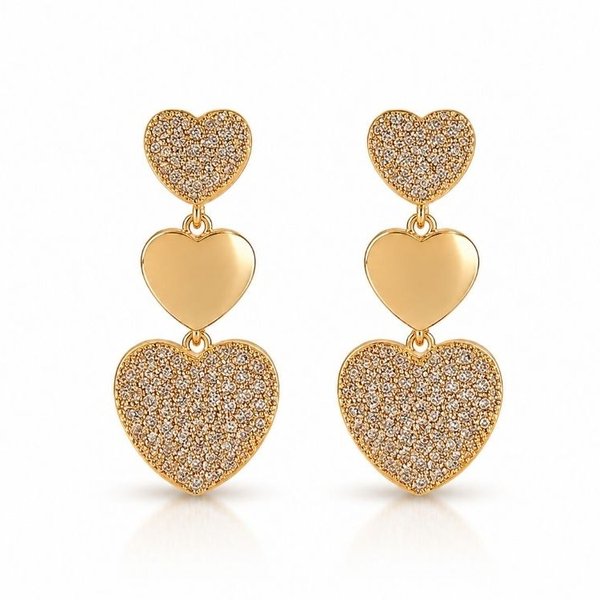 Brinco Cascata Corações Cravejado Banhado em Ouro 18K