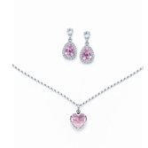 Conjunto Colar e Brinco Gota Rosa em Ródio Branco