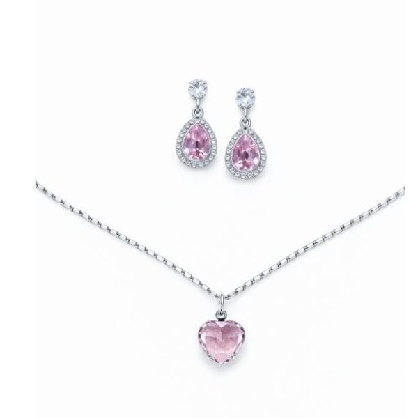 Conjunto Colar e Brinco Gota Rosa em Ródio Branco