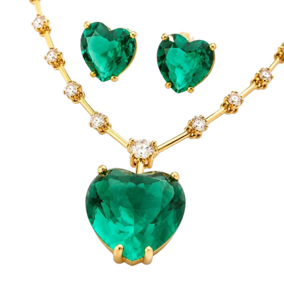 Conjunto Coração Verde com Zircônias e Banho Dourado