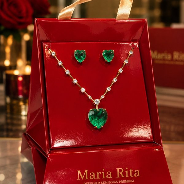 Conjunto Coração Verde com Zircônias e Banho Dourado
