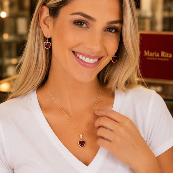 Conjunto Coração Vermelho Dourado Feminino Luxo