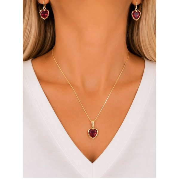 Conjunto Coração Vermelho Dourado Feminino Luxo