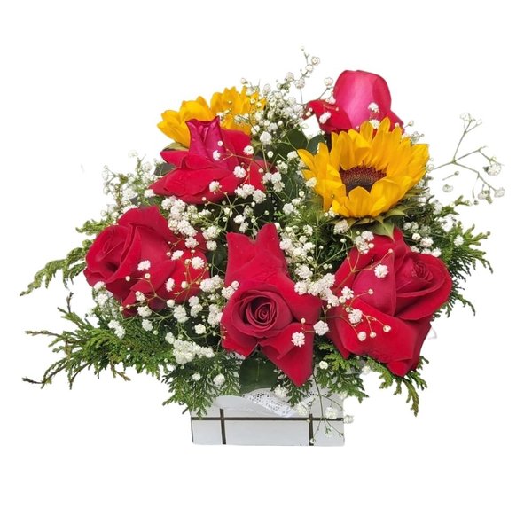 Arranjo de Girassóis e Rosas Vermelhas 