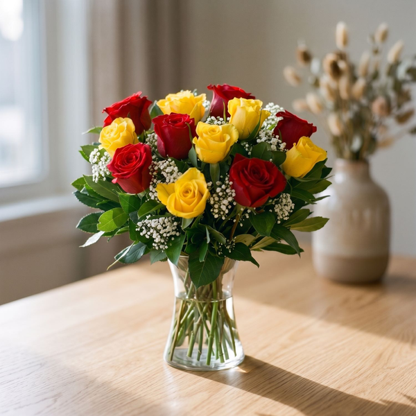 Buque de Rosas Vermelhas e Rosas Amarelas no Vidro