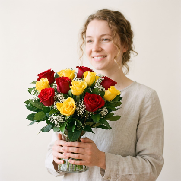 Buque de Rosas Vermelhas e Rosas Amarelas no Vidro