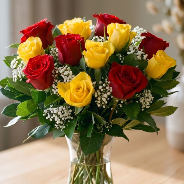 Buque de Rosas Vermelhas e Rosas Amarelas no Vidro