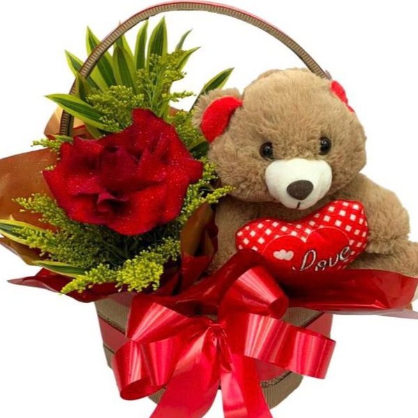 Cesta Carinho Rosa e Urso