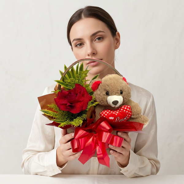 Cesta Carinho Rosa e Urso