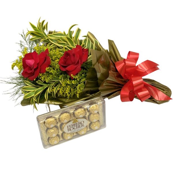 Ramalhete duas Rosas colombianas e Ferrero Rocher