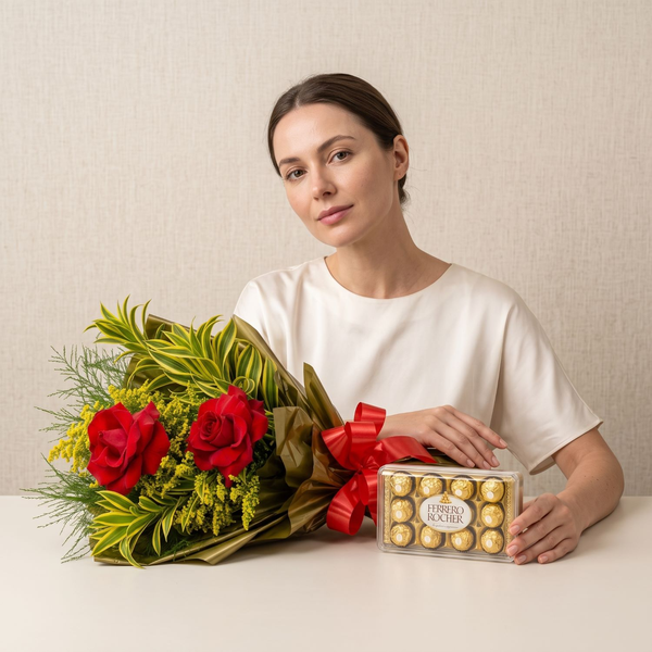 Ramalhete duas Rosas colombianas e Ferrero Rocher