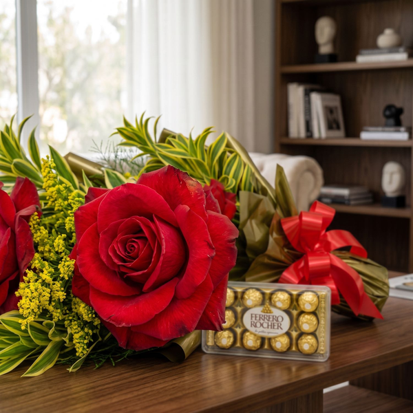 Ramalhete duas Rosas colombianas e Ferrero Rocher