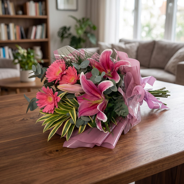Ramalhete de Lírio e Gérbera Rosa 