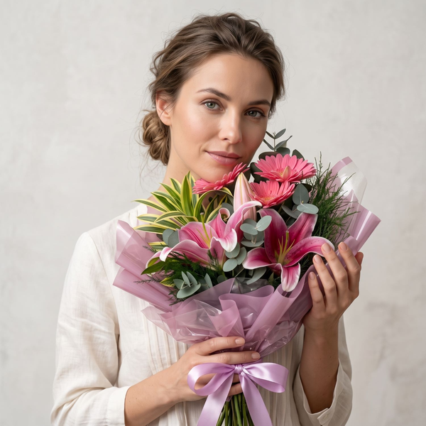 Ramalhete de Lírio e Gérbera Rosa 