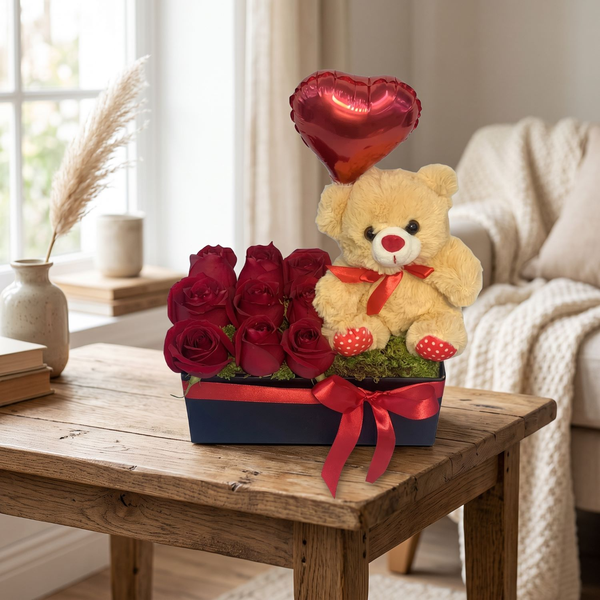 Caixa Urso Balão e Rosas 