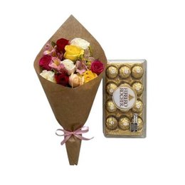 Imagem de Buquê Rosas Coloridas Com Ferrero Rocher 12 Unid.