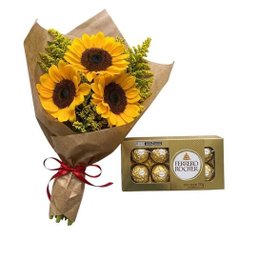 Imagem de Buquê 3 Girassóis Com Ferrero Rocher 8 Unid.