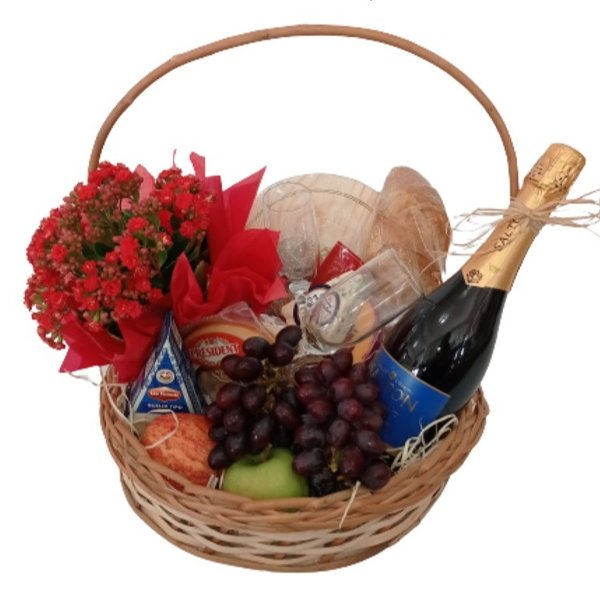 Cesta Gande de Pães, Queijos, Frutas e Espumante
