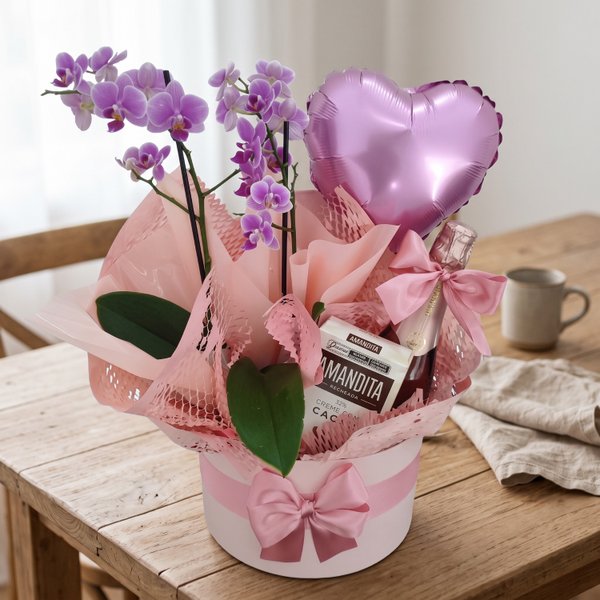 Box com Orquídea, Espumante e Chocolate