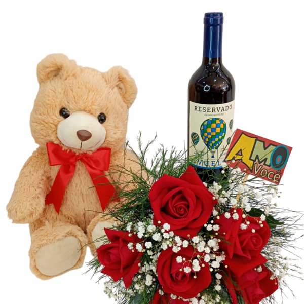 Buquê de 6 Rosas, Pelúcia, Vinho e Plaquinha