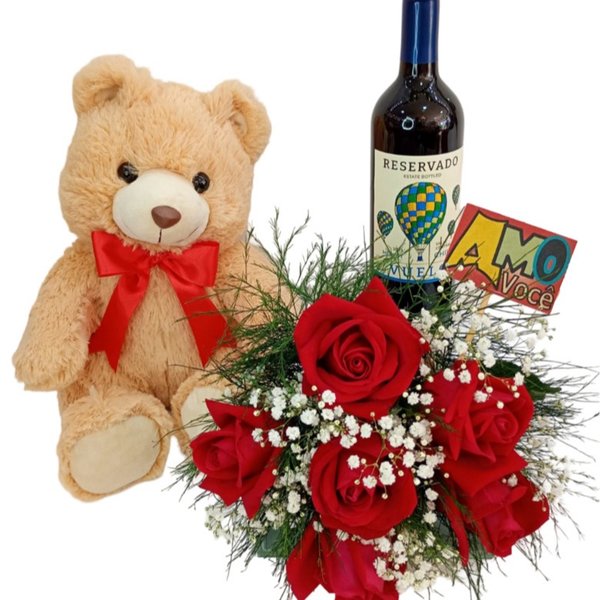 Buquê de 6 Rosas, Pelúcia, Vinho e Plaquinha