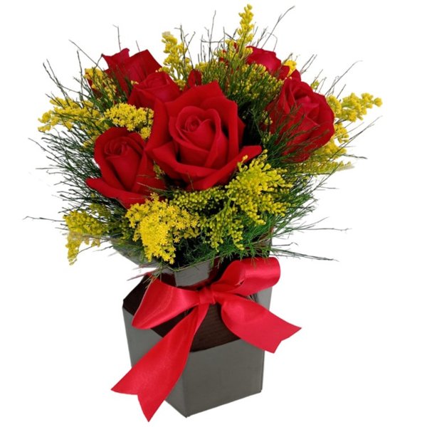 Caixa Preta com 6 Rosas Vermelhas 