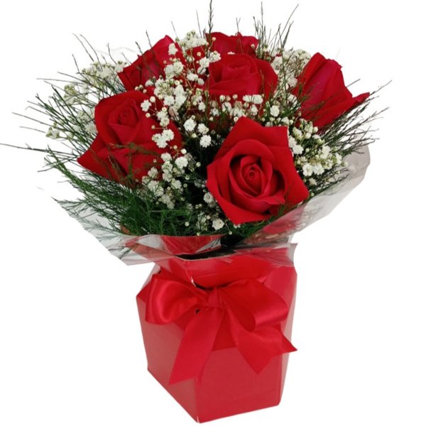 Caixa  Vermelha com 6 Rosas Vermelhas 