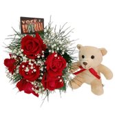 Buquê de 6 Rosas Vermelhas e Pelúcia