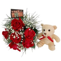 Imagem de Buquê de 6 Rosas Vermelhas e Pelúcia 