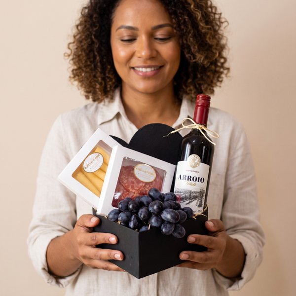 Cesta com Vinho e  Queijo