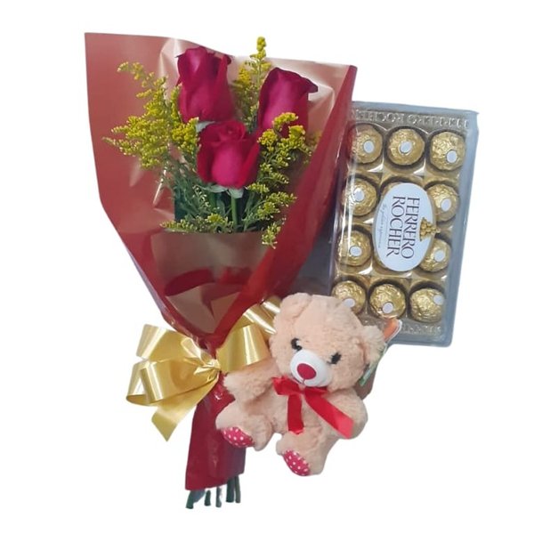 Mimo de Rosas com Chocolate e Urso de Pelúcia