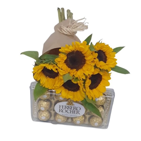 Buquê de Girassóis com Caixa de Chocolate