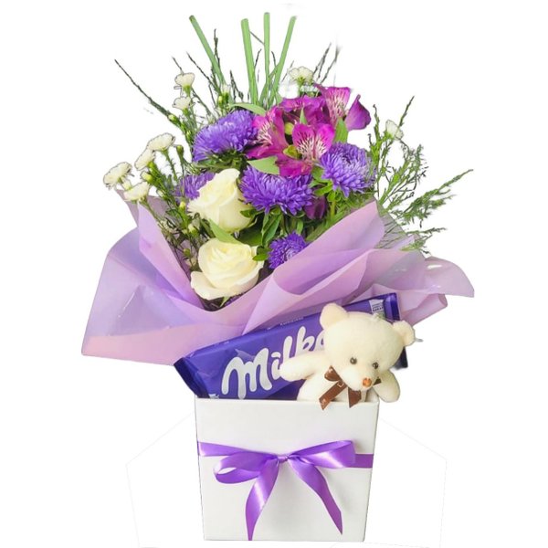 Cesta de Flores Alegria Amor e Chocolate