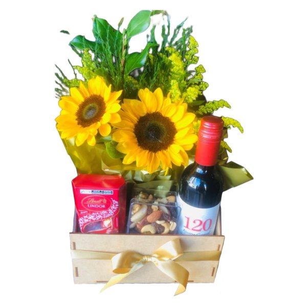 Cesta de Girassóis Com Vinho e Lindt
