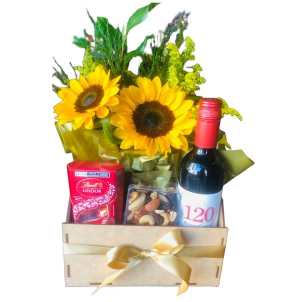 Cesta de Girassóis Com Vinho e Lindt