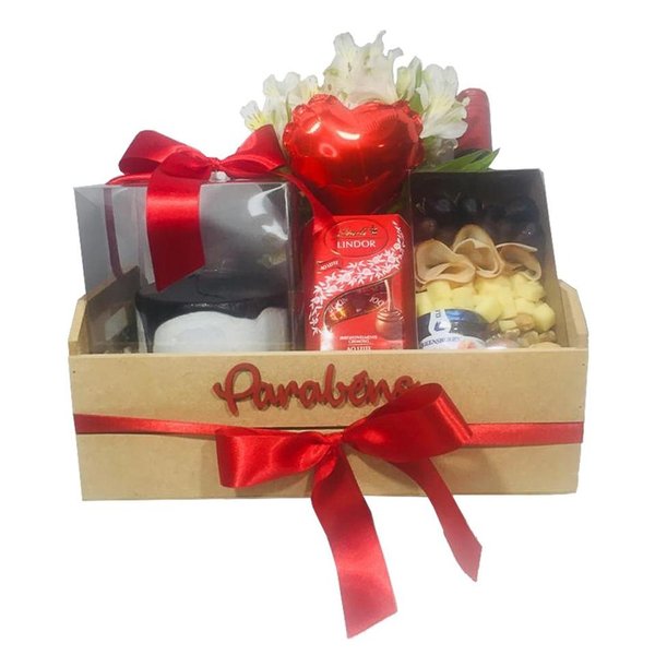 Cesta Aniversário com Flores Vinho e Lindt