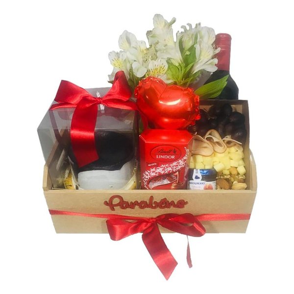 Cesta Aniversário com Flores Vinho e Lindt