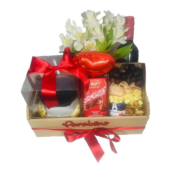 Cesta Aniversário com Flores Vinho e Lindt