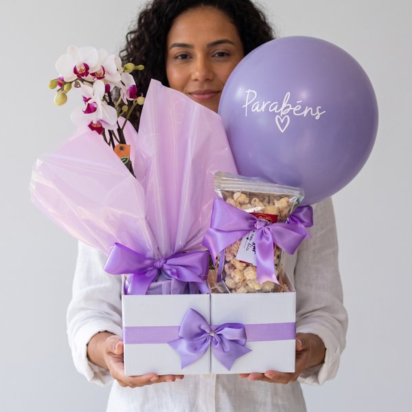 Cesta Orquídea e Pipoca Gourmet