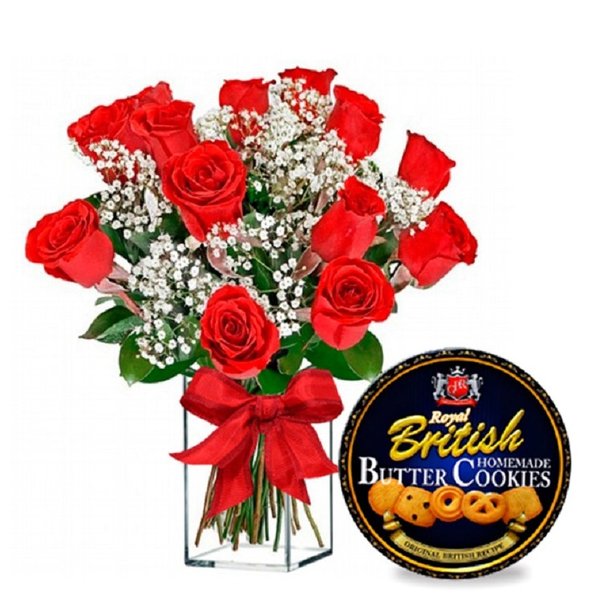 Vaso 12 Luxuosas Rosas Exportação e Cookies Butter