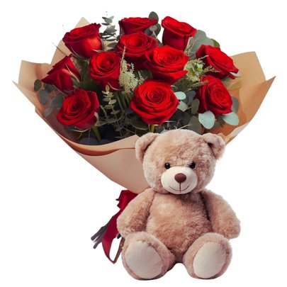 Buquê 12 Rosas Exportação e Lindo Urso