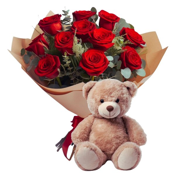 Buquê 12 Rosas Exportação e Lindo Urso