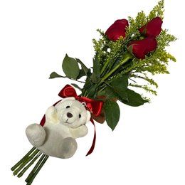 Imagem de Leque de Três Rosas Vermelhas com Ursinho