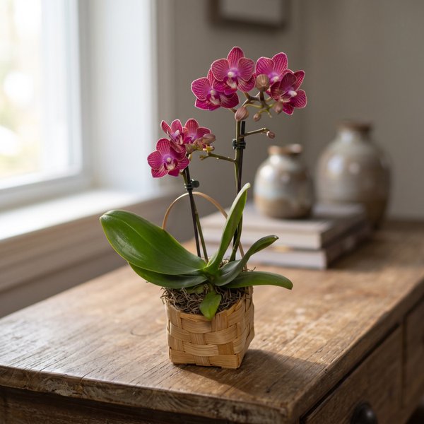 Mini Orquídea Phaleanopsis Rosa na Cesta