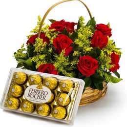 Imagem de Cesta de Rosas Vermelhas com Ferrero 