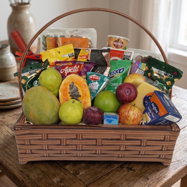 Cesta de Frutas, Queijos, Aperitivos e Vinho 