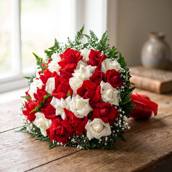 Bouquet 36 Rosas Vermelhas e Brancas Especiais 